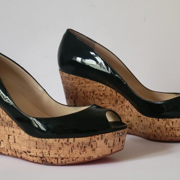 Christian Louboutin Black Patent Leather Peep Toe Cork Sole Platform Wedges - Picture 5 of 14